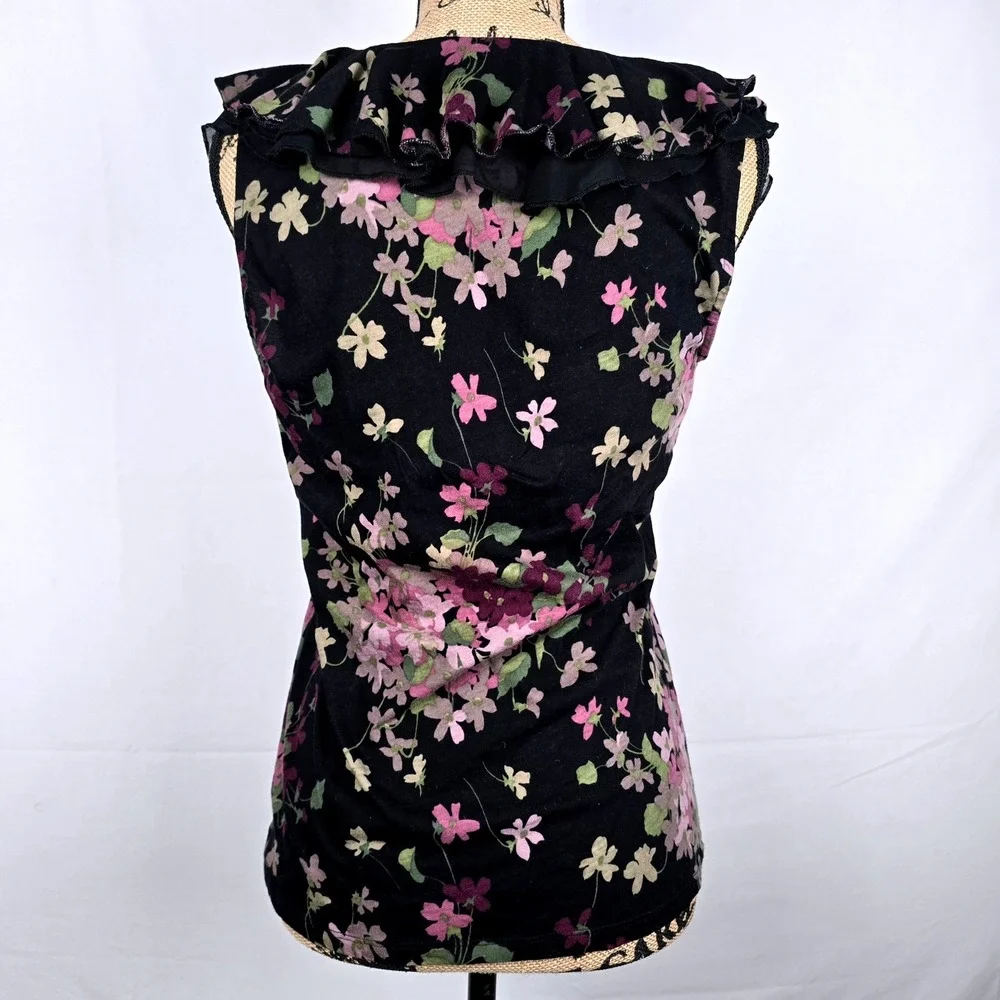 Lauren Ralph Lauren Floral Ruffle‎ V-Neck Sleeveless Top Black Purple Cotton L